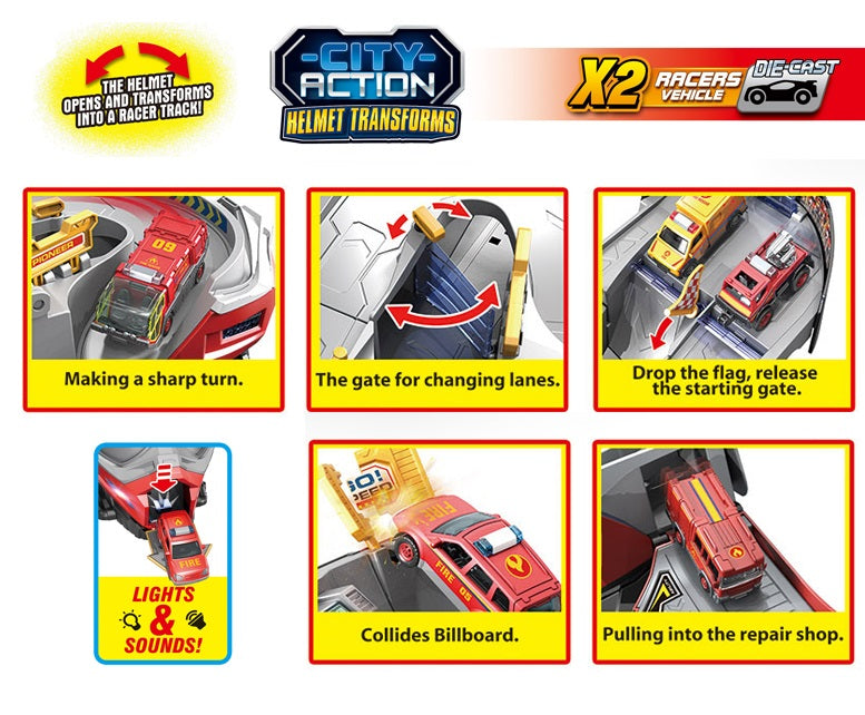 City Action Helmet Transformer – 2x Die-Cast Cars with Light & Sound | Face-Changing Rider Set | Bacha Toys
