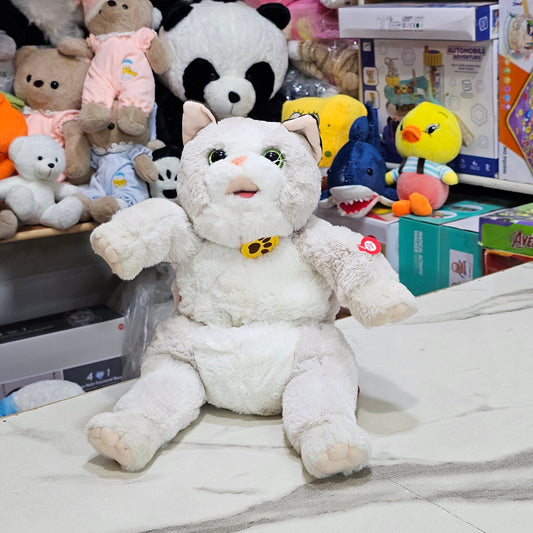 Learn to Speak Plush Cat with Shoulder Bag – White Colour | Bacha Toys Pakistan