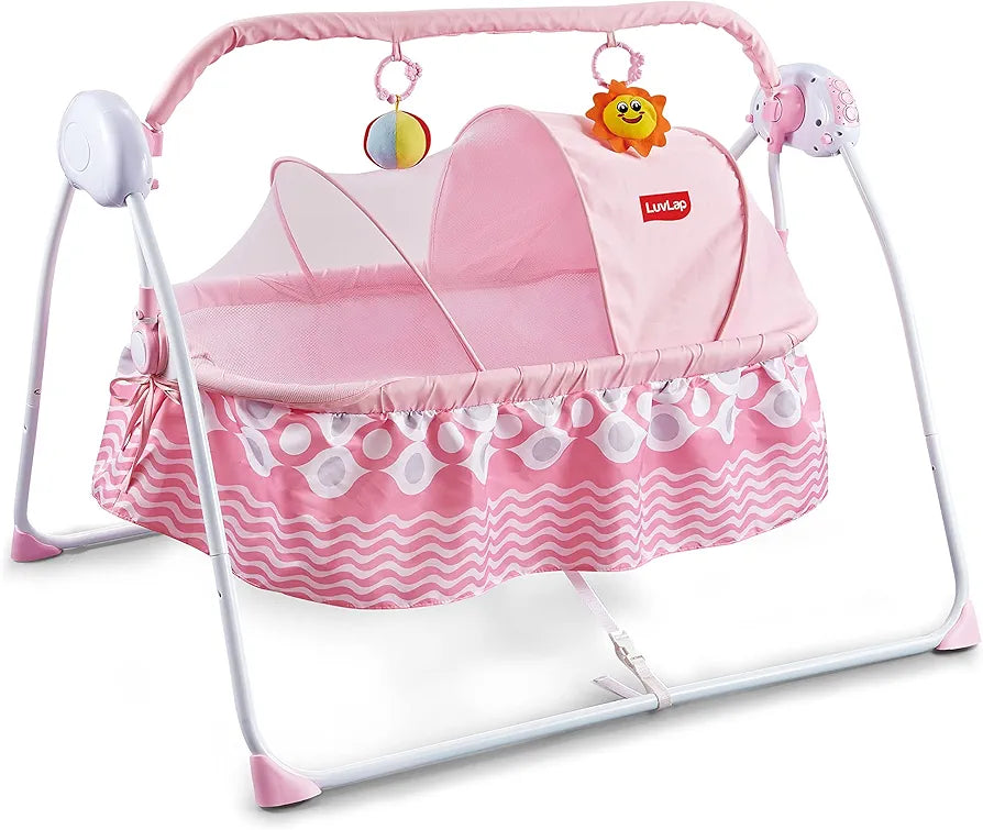 R.C Baby Swing with Sun Canopy & Mosquito Net – Soft Rattles, Music & 5 Swing Modes | Bacha Toys