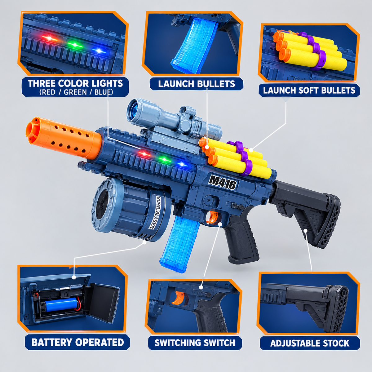 3-in-1 M416 Multifunctional Toy Gun with Bubbles, Sounds & Soft Bullets