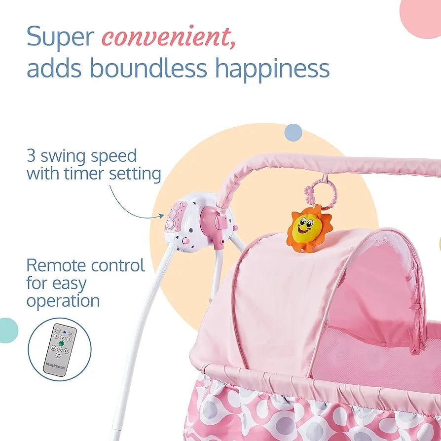 R.C Baby Swing with Sun Canopy & Mosquito Net – Soft Rattles, Music & 5 Swing Modes | Bacha Toys