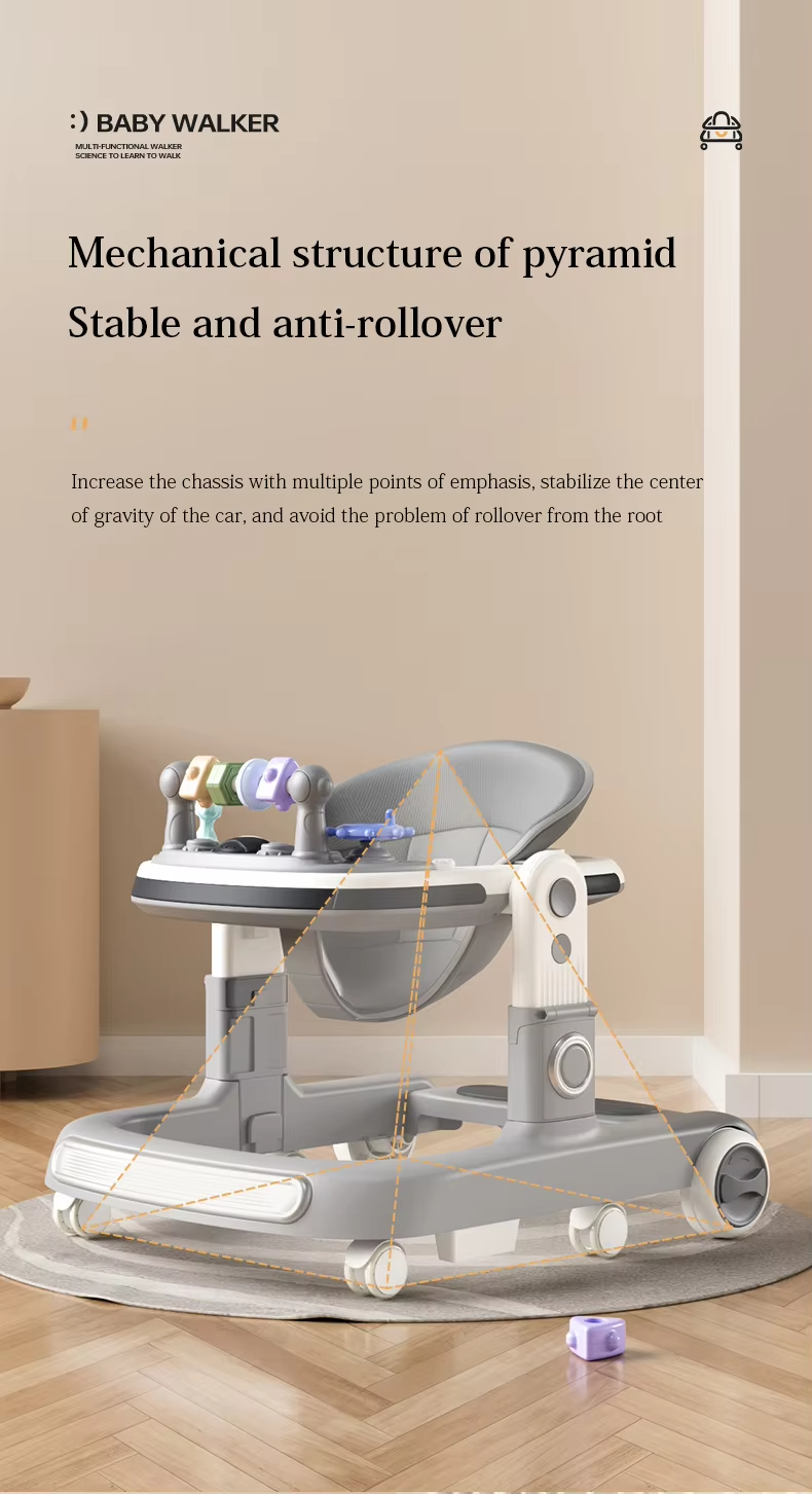 Baby Walker with Music & Lights – 360° Swivel Wheels, 3-Level Height Adjustment & Padded Seat #566 (GREY)