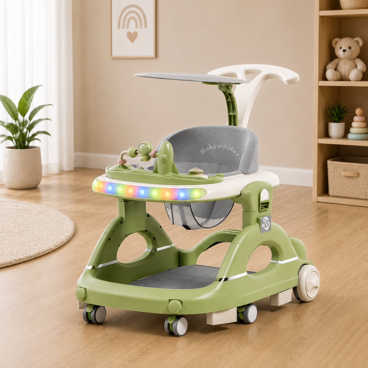 Baby Walker with Music & Lights – 360° Swivel Wheels, 3-Level Height Adjustment, Push Handle & Sun Shade #888 (GREEN)