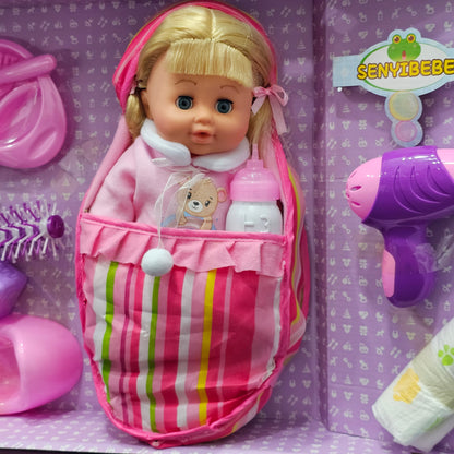 Baby Doll – with Accessories | Hair Comb, Potty Trainer, Blocks, Feeder, Hair Dryer & More | Bacha Toys
