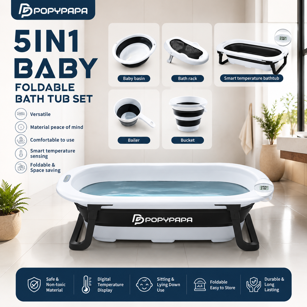 5-in-1 Foldable Baby Bath Set – Smart Temperature Bathtub with Complete Accessories