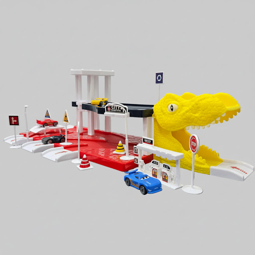 Driven to Win – Cars Parking Lot Playset with 4 Cars, Gas Station & Service Station | Bacha Toys