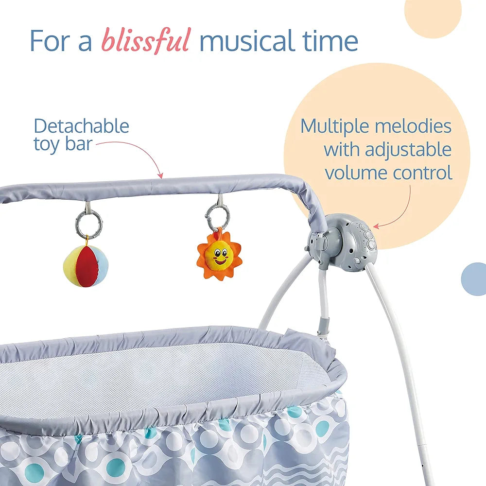 R.C Baby Swing with Sun Canopy & Mosquito Net – Soft Rattles, Music & 5 Swing Modes | Bacha Toys