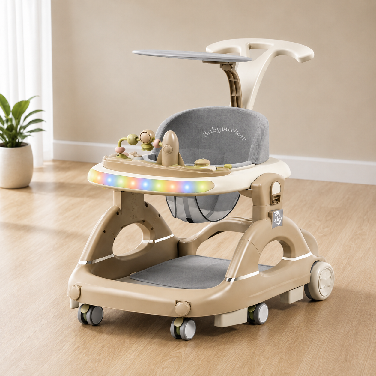 Baby Walker with Music & Lights – 360° Swivel Wheels, 3-Level Height Adjustment, Push Handle & Sun Shade #888 (BROWN)