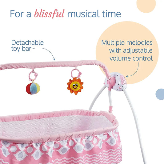R.C Baby Swing with Sun Canopy & Mosquito Net – Soft Rattles, Music & 5 Swing Modes | Bacha Toys