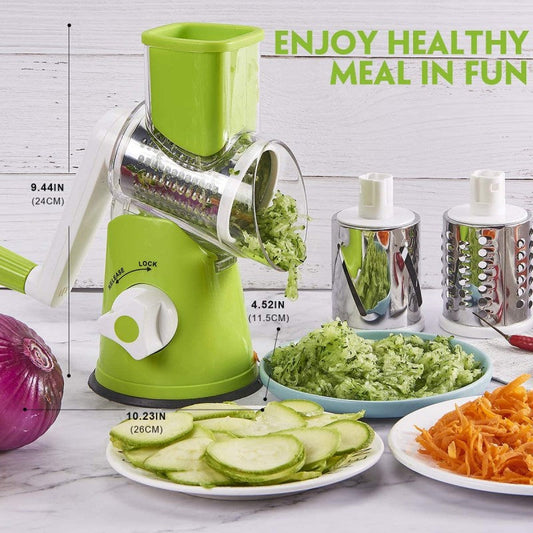 3-in-1 Table Top Drum Grater & Slicer – Vegetable Cutter with Interchangeable Blades | Bacha Toys