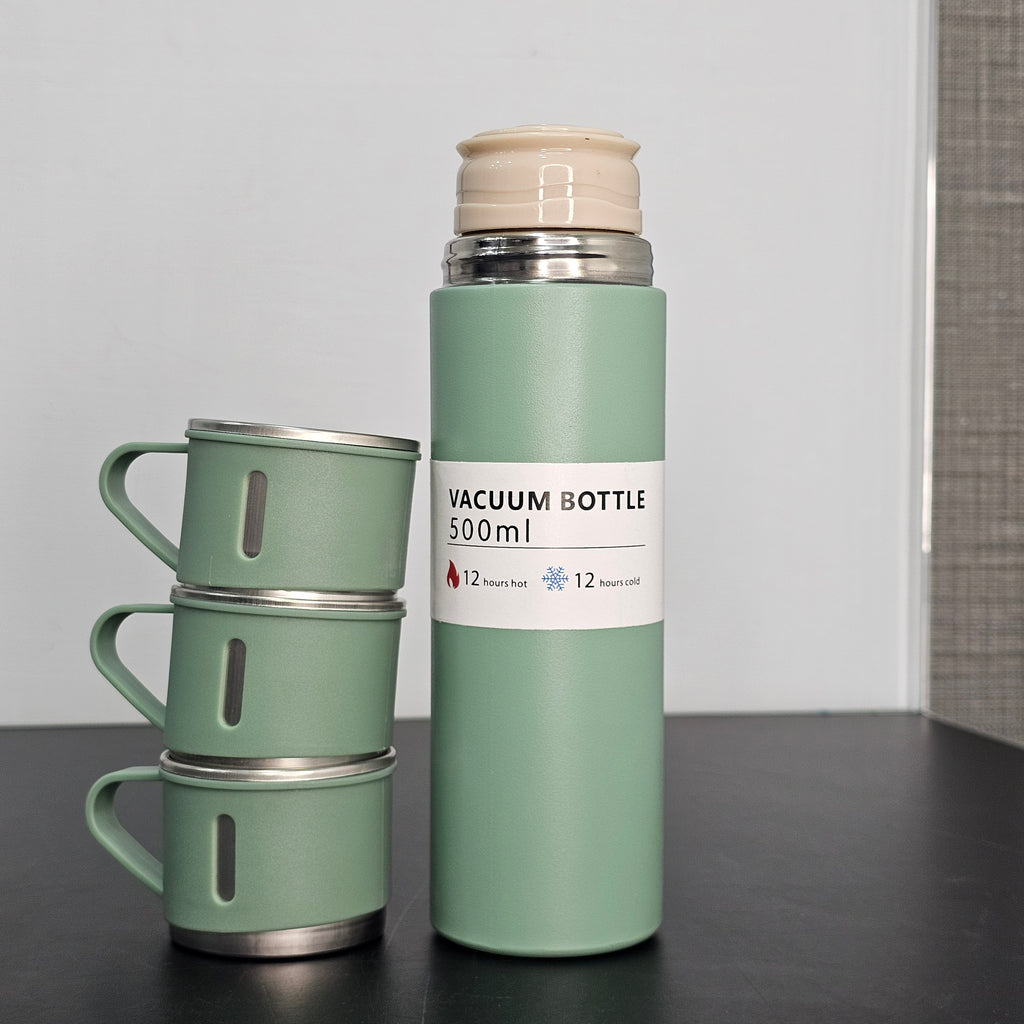 500ml Hot & Cold Water Bottle with 3 Cups – Family Travel Set