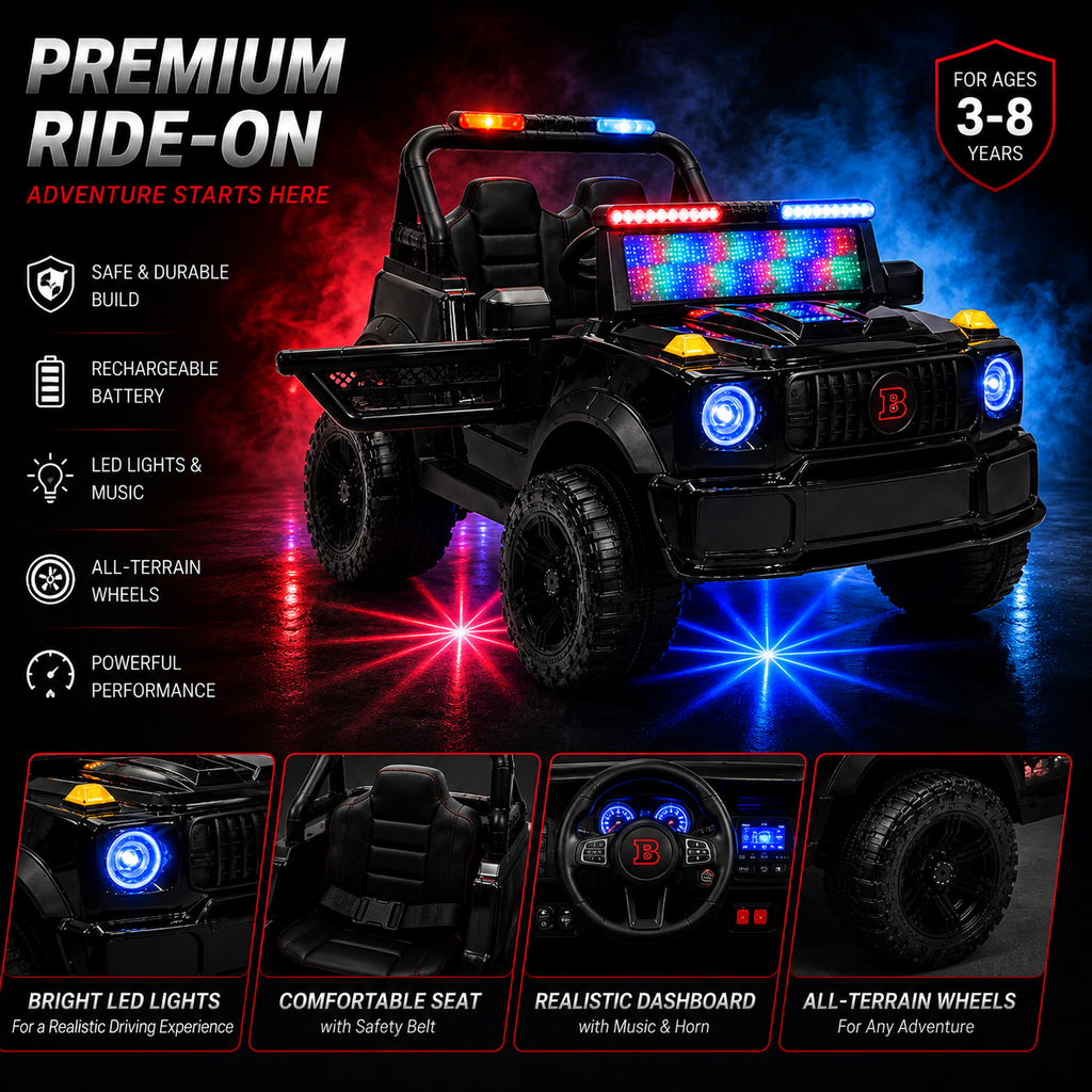 Kids 2-Seater Electric Car – Leather Seat Ride-On Jeep (M-6 BLACK)