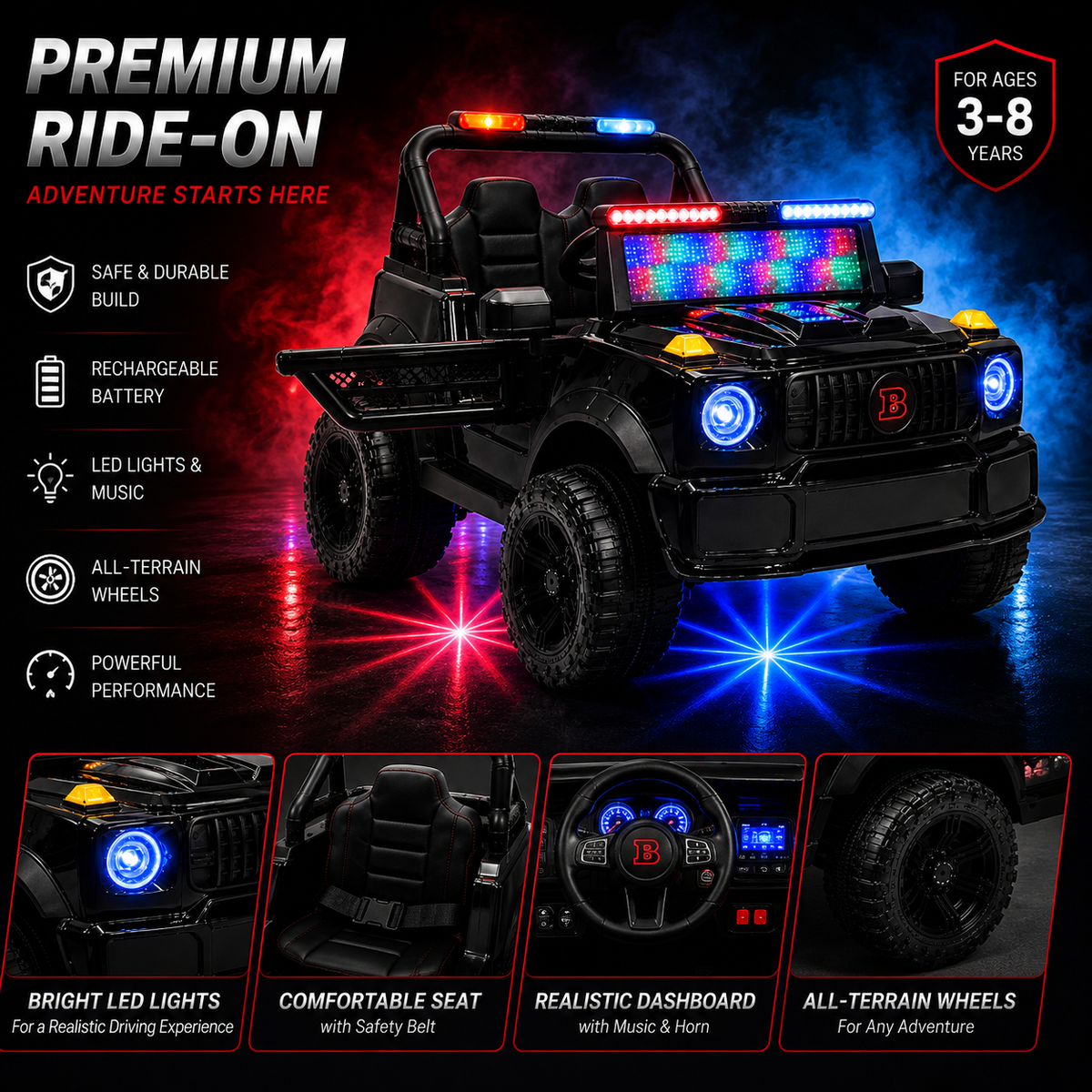 Kids 2-Seater Electric Car – Leather Seat Ride-On Jeep (M-6 BLACK)