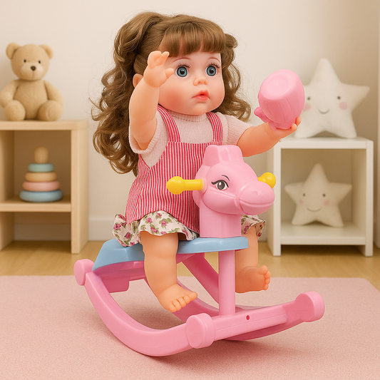 Cute Fun Doll with Rocking Horse – 12 Sounds, Drinking Bottle, Flexible Hands & Interactive Play | Bacha Toys