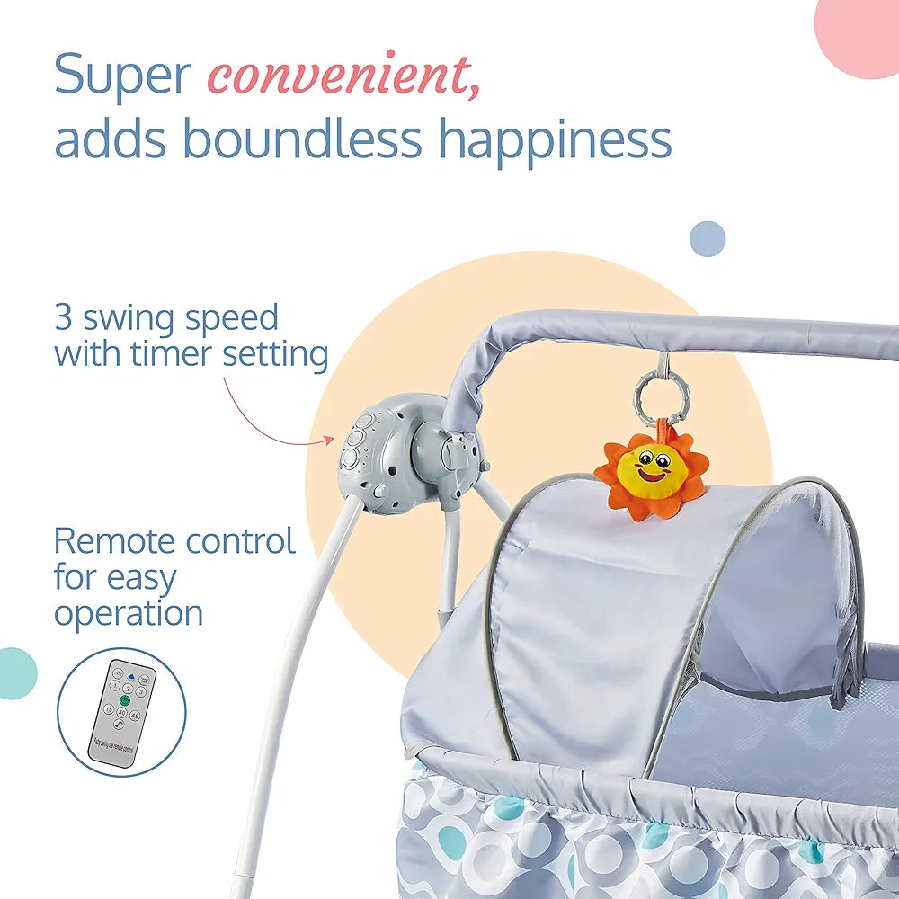 R.C Baby Swing with Sun Canopy & Mosquito Net – Soft Rattles, Music & 5 Swing Modes | Bacha Toys