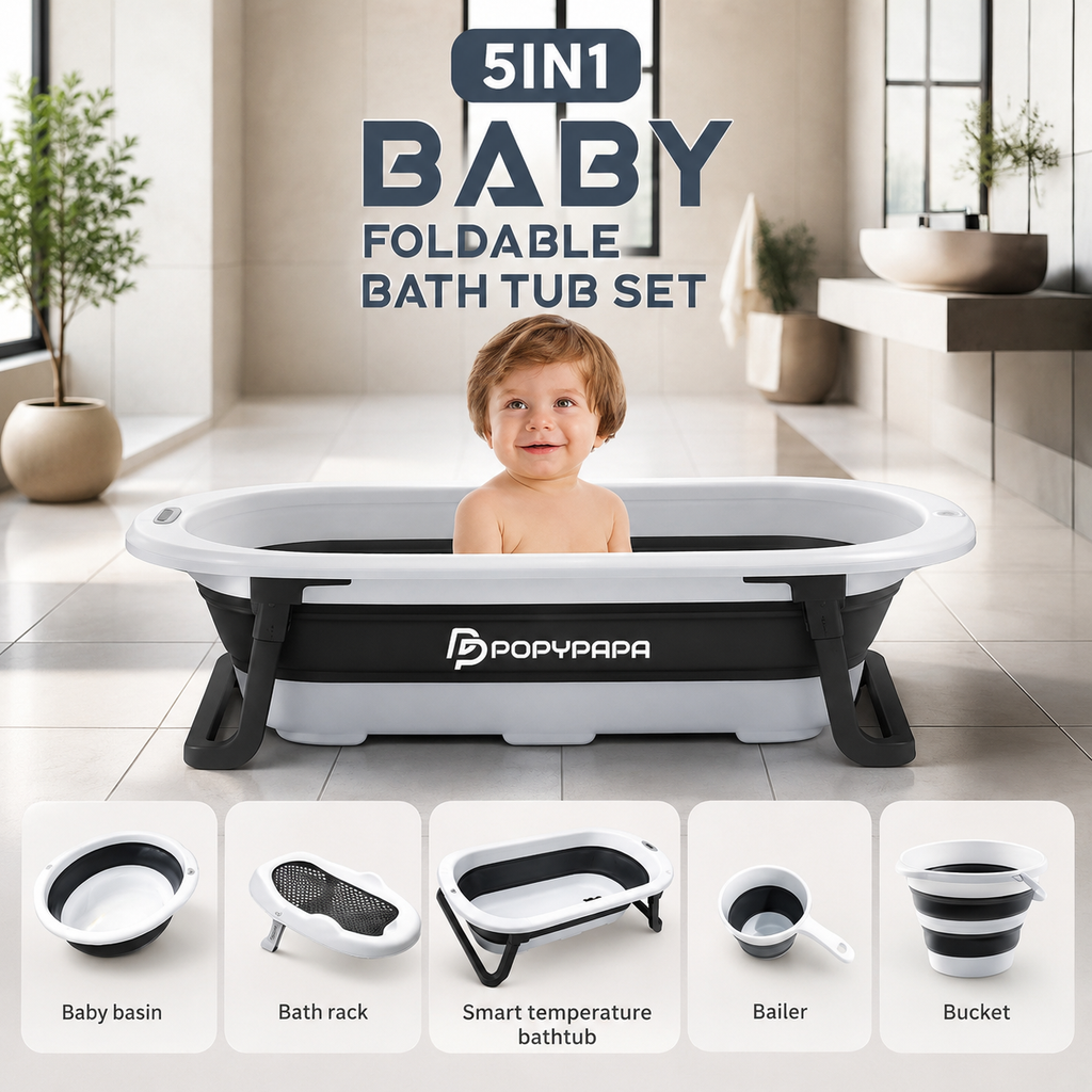5-in-1 Foldable Baby Bath Set – Smart Temperature Bathtub with Complete Accessories
