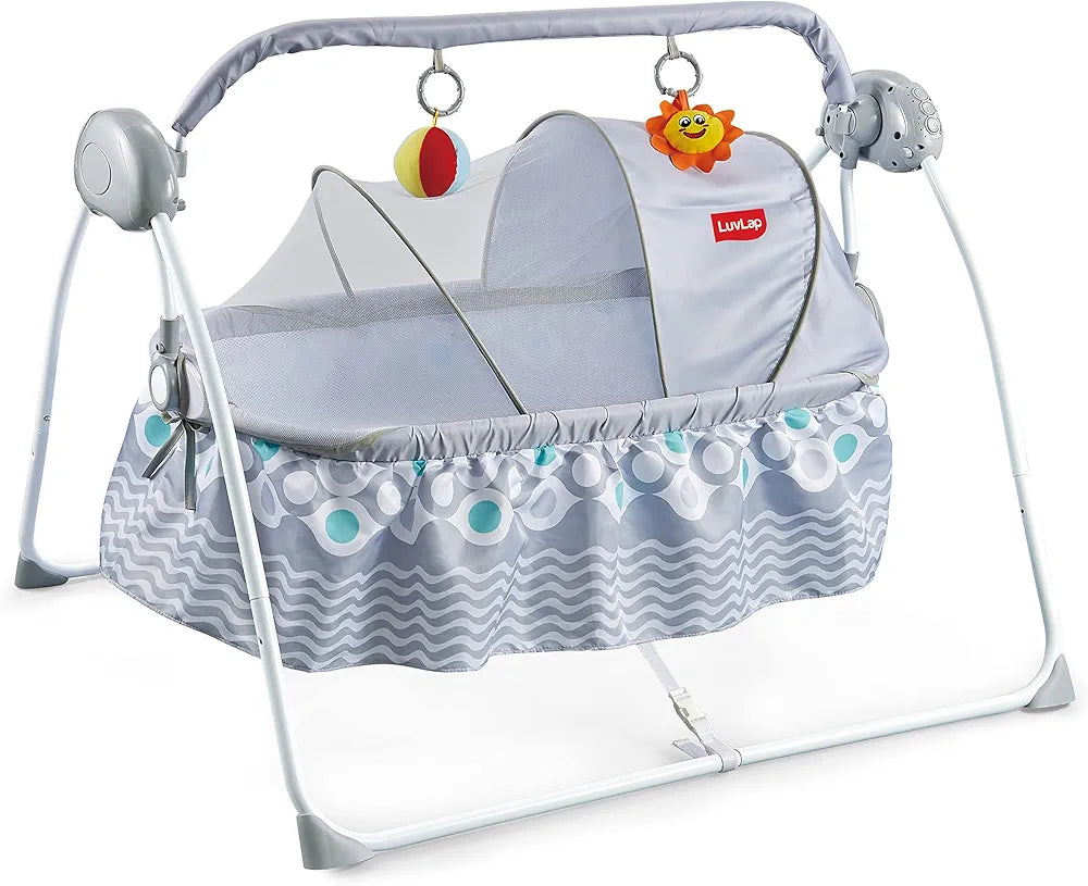 R.C Baby Swing with Sun Canopy & Mosquito Net – Soft Rattles, Music & 5 Swing Modes | Bacha Toys