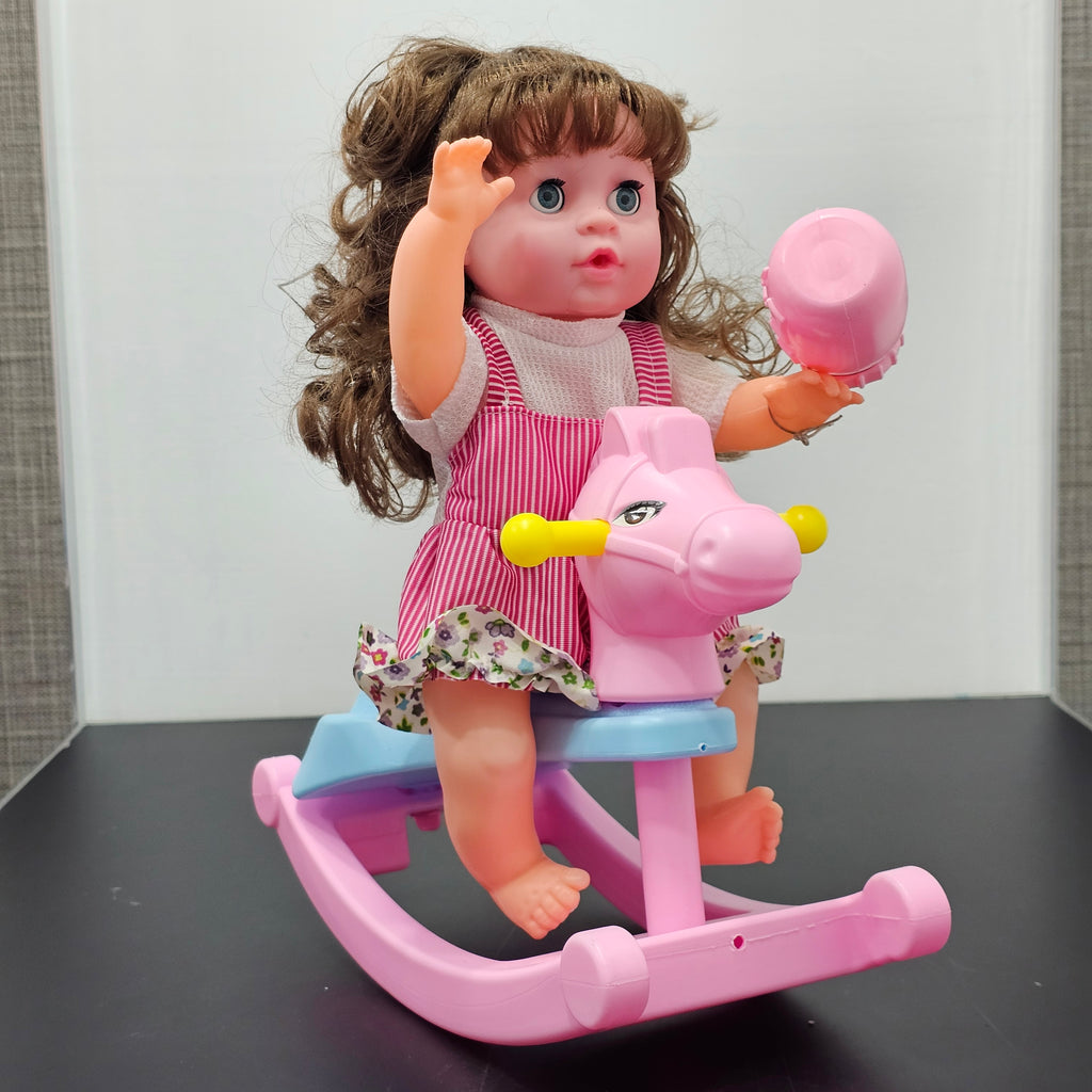 Cute Fun Doll with Rocking Horse – 12 Sounds, Drinking Bottle, Flexible Hands & Interactive Play | Bacha Toys