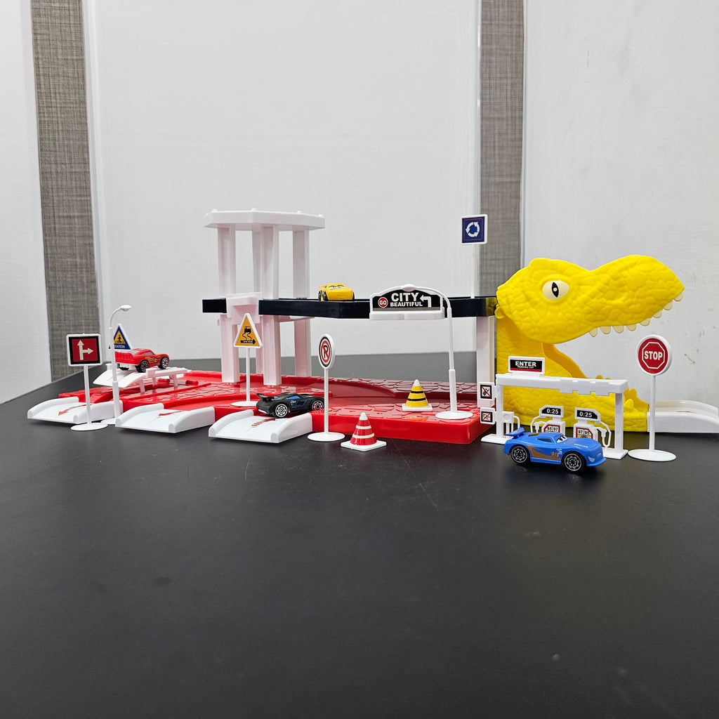 Driven to Win – Cars Parking Lot Playset with 4 Cars, Gas Station & Service Station | Bacha Toys