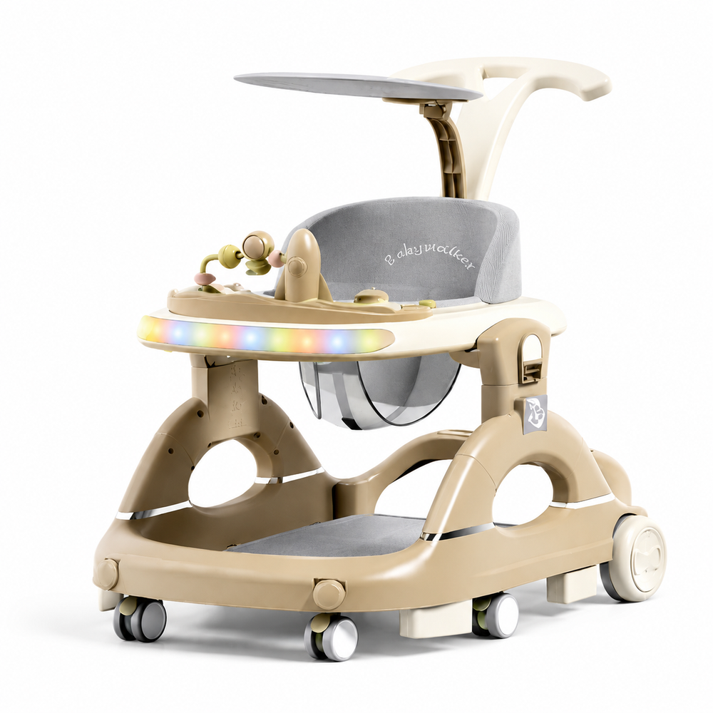 Baby Walker with Music & Lights – 360° Swivel Wheels, 3-Level Height Adjustment, Push Handle & Sun Shade #888 (BROWN)